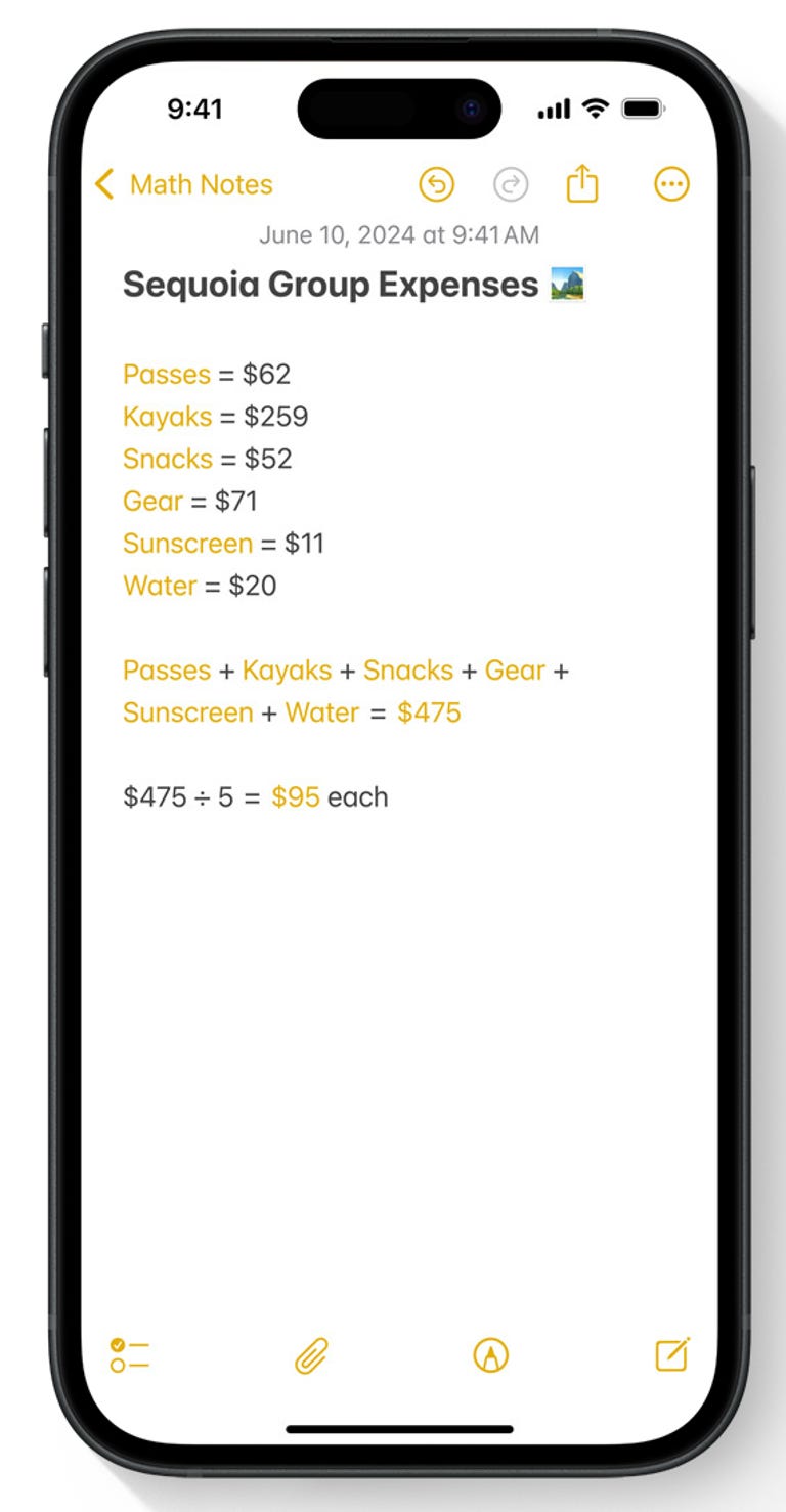 A person solving for different dollar values in the Notes app